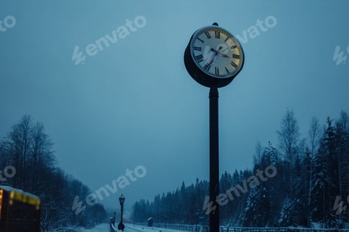 Preview: Station clock on snowy forest platform in evening in winter