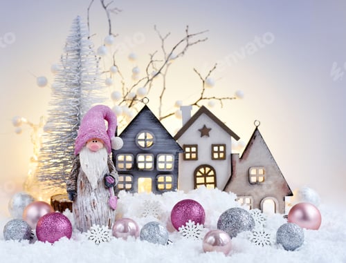 Preview: Christmas composition with gnome, huts and festive decorations оn the snow