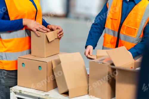 Preview: Warehouse workers packing cardboard boxes for shipping logistics