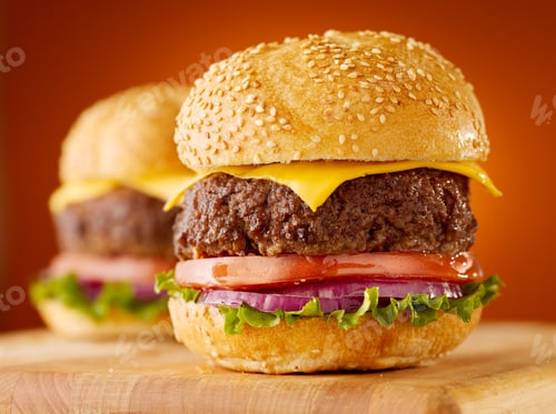 Preview: cheeseburgers on wooden board.