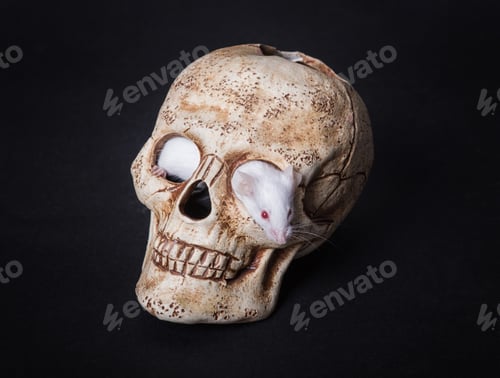 Preview: white laboratory mouse gets out of the orbit of a plastic skull