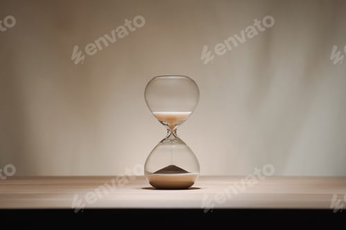 Preview: Minimalist Glass time almost over Hourglass on Wooden Surface with Beige Background toplit