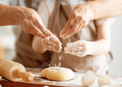Child and Adult Baking Dough Together at Home