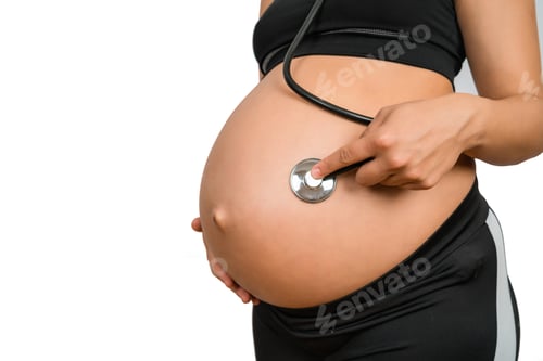 Preview: Pregnant Woman Checks Baby with Stethoscope