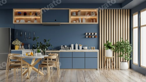Preview: Cozy modern kitchen room interior design with dark blue wall
