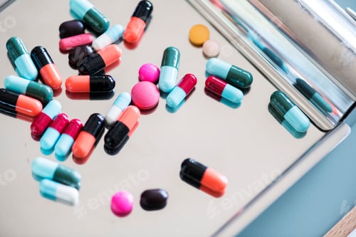 Preview: Closeup of medical drugs on stainless tray