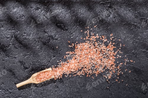 Preview: Himalayan pink salt crystals on black background, space for text