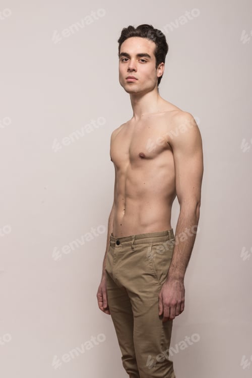 Preview: One Young Adult Man Model Shirtless Body Posing Pants, White Background