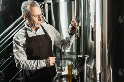 Preview: professional senior brewer examining ale in flask in brewery