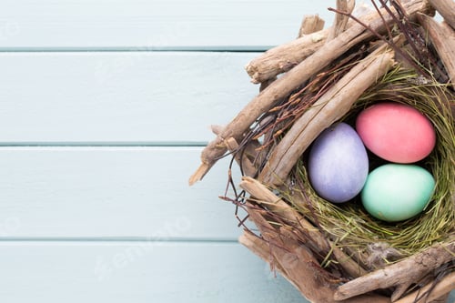 Preview: Pastel Easter eggs background. Spring greating card.