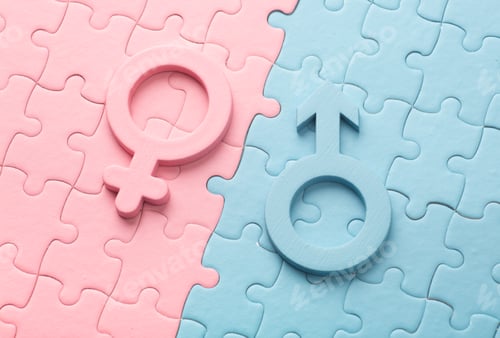 Preview: Masculine and feminine lie on puzzles. Concept of sex, couple, family. Venus symbol