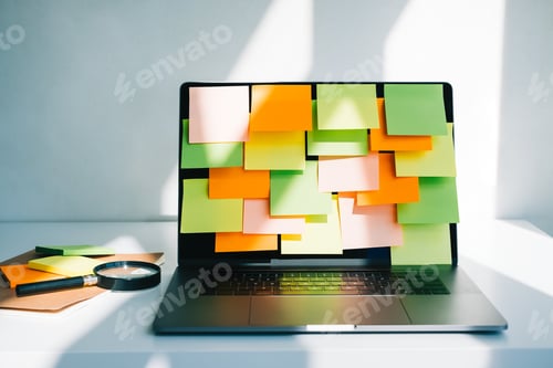 Preview: Workplace with laptop computer with many colorful empty sticky notes on display.
