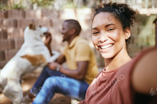 Preview: Black woman, selfie and dog adoptions with happiness and love with family outdoor. Puppy, pet and w