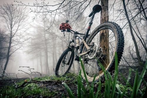 Preview: Mountain bike and helmet in autumn woods
