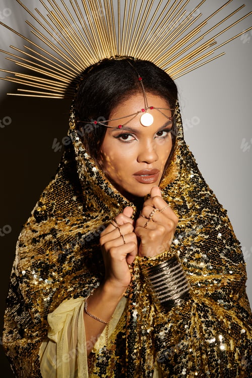 Preview: An African American goddess shines in a golden dress at a creative studio shoot