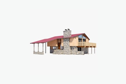 Preview: Two-story house with sloped roof and stone/wood exterior