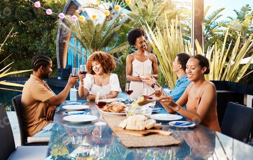 Preview: Friends, food and wine outdoor at a table for social gathering, happiness and holiday celebration.