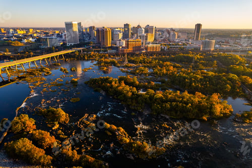 Preview: Aerial view of a beautiful orange sunrise over the James River, Richmond, Virginia, United States