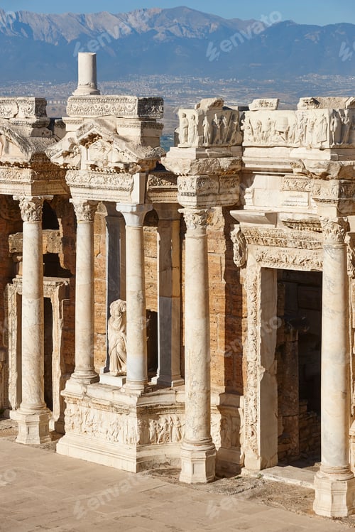Preview: Amphitheatre classic columns in Hierapolis archeology landmark. Pamukkale, Turkey