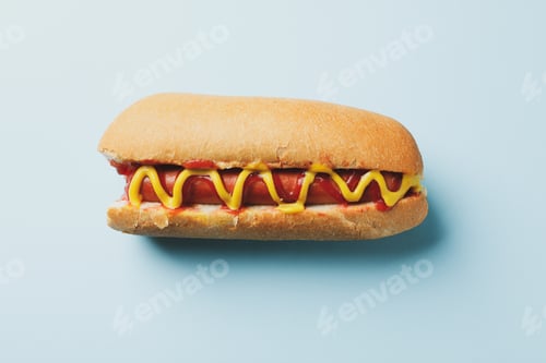 Preview: Tasty hot dog with sauces on blue background