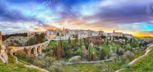 Preview: Gravina in Puglia ancient town, bridge and canyon at sunrise