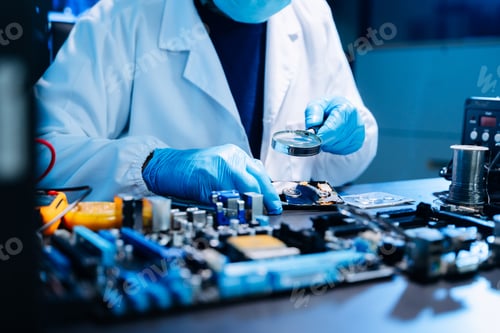 Preview: Professional technician repairing hard drive for data recovery in modern technology lab.