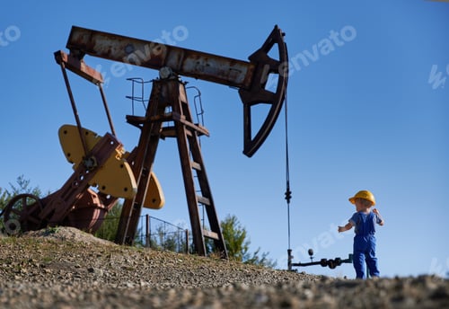Preview: Child with helmet on backdrop of working oil borehole.