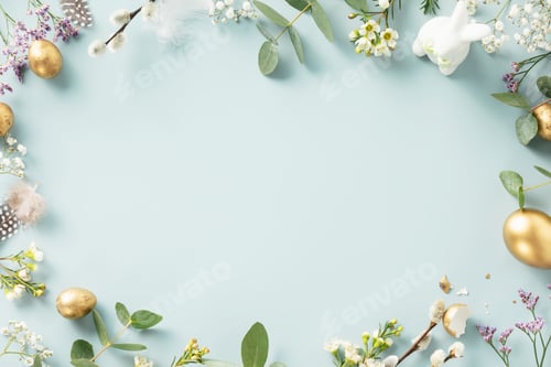 Preview: golden easter eggs, feathers and spring flowers.