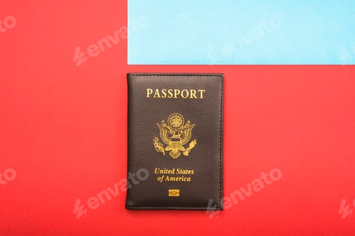 Preview: Simple image of an American passport with red and blue background.