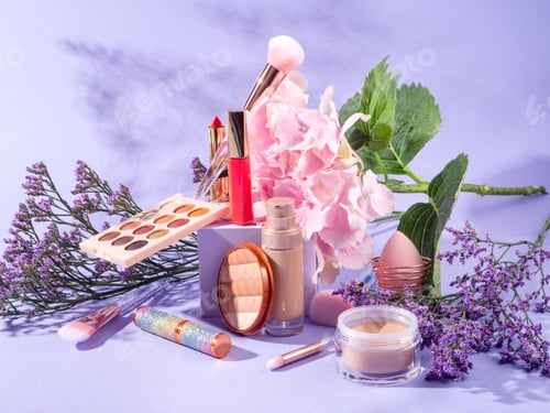 Preview: Make up products on purple geometric scene background with podium