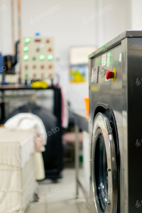 Preview: close up professional dry cleaning washing machine washing process professional delicate equipment