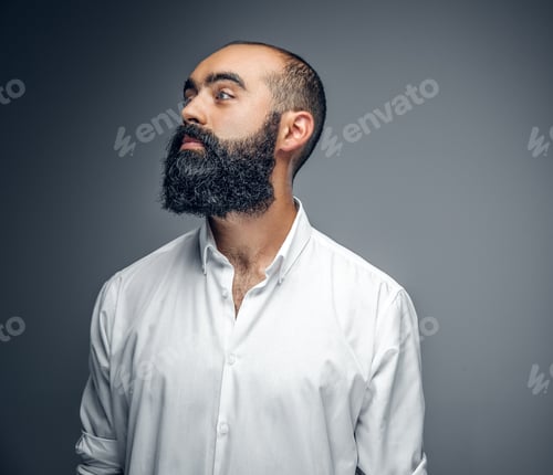 Preview: Portrait of bearded male in white shirt.