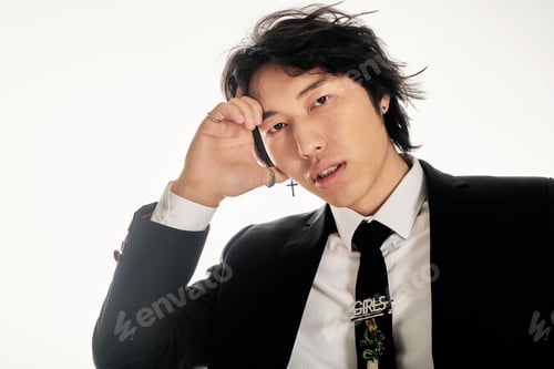 Preview: Stylish young asian man exuding confidence in a modern urban setting