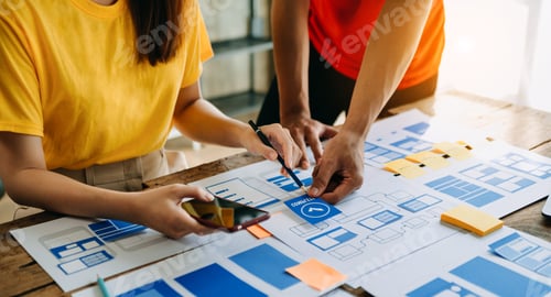 Preview: UX developer and ui designer brainstorming about mobile app interface wireframe design with