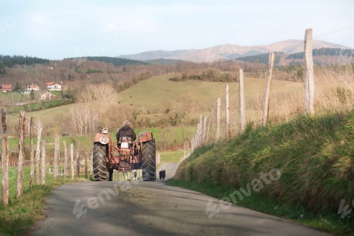 Preview: Farmer driving tractor on country road with dog following behind