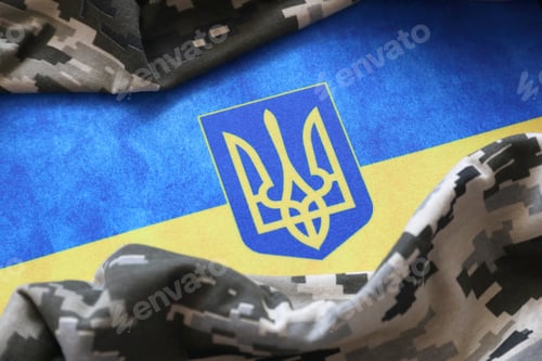 Preview: Ukrainian flag and coat of arms with fabric with texture of pixeled camouflage
