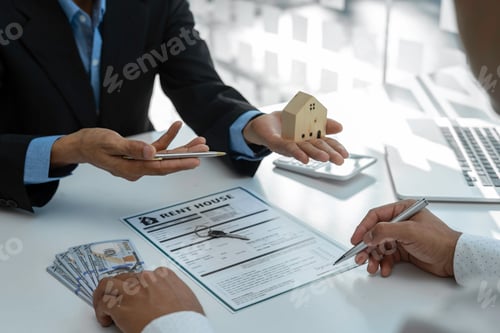 Preview: House plans with real estate agents and clients discussing home purchase contracts, real estate loan