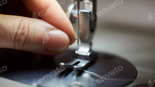 Preview: Beginning of sewing process. Woman's hands pulling threads through loop needle and presser foot