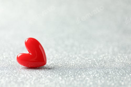Preview: Red decorative heart on shiny silver background, space for text. Happy Valentine's day