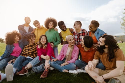 Preview: Group of young multiracial friends having fun together in park - Friendship and diversity concept