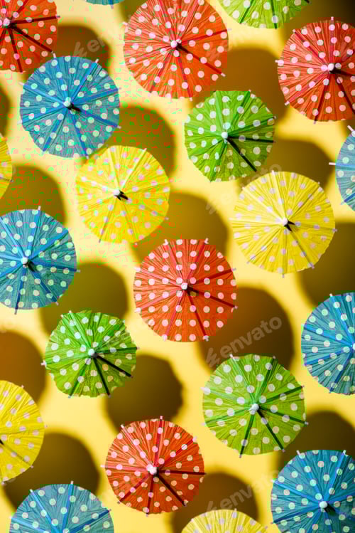 Preview: Rows of Colorful Tropical Beach Umbrella. Creative Minimal Art. Summer Holiday Concept Image
