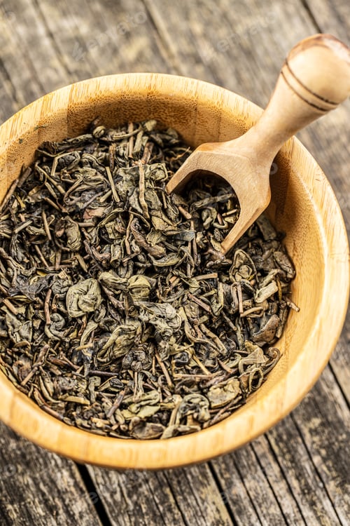 Preview: Dried green tea leaves.
