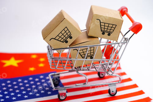 Preview: Box with shopping cart logo on USA and china flag. Import Export concept.