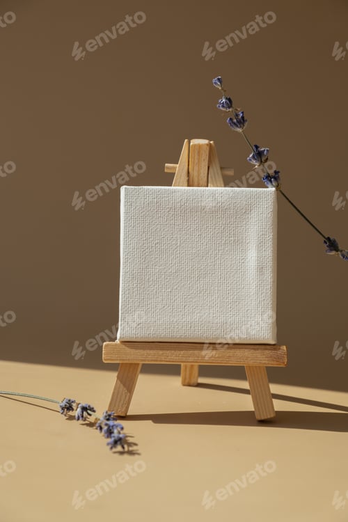 Preview: White paper note template mock up with dried lavender flower on neutral beige background. Copy space