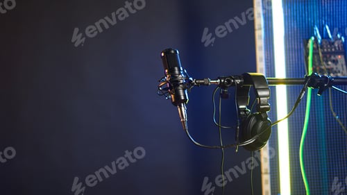 Preview: Modern recording microphone on stage in studio used to create rock or pop music