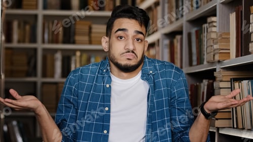Preview: Close-up young upset man standing indoors in university library hispanic student misunderstood