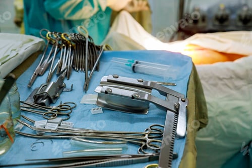 Preview: Surgical tools lying table of surgeons at work operating in surgical theatre