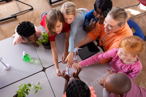 Vista previa: In school, female teacher and diverse students working together on science project with plants
