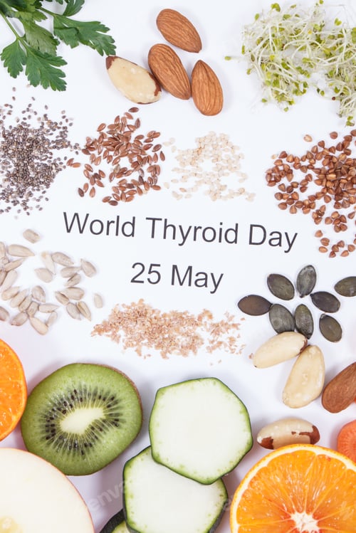 Preview: Inscription World Thyroid Day 25 May and best ingredients for healthy thyroid. White background