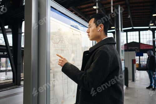Preview: Young Asian businessman in wireless earphones confidently watching public transport route at station